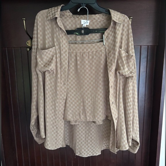 LE LIS Satin Check Button Shirt Mini Skirt Preppy Minimalist 2 Piece Set Size S - Picture 3 of 15